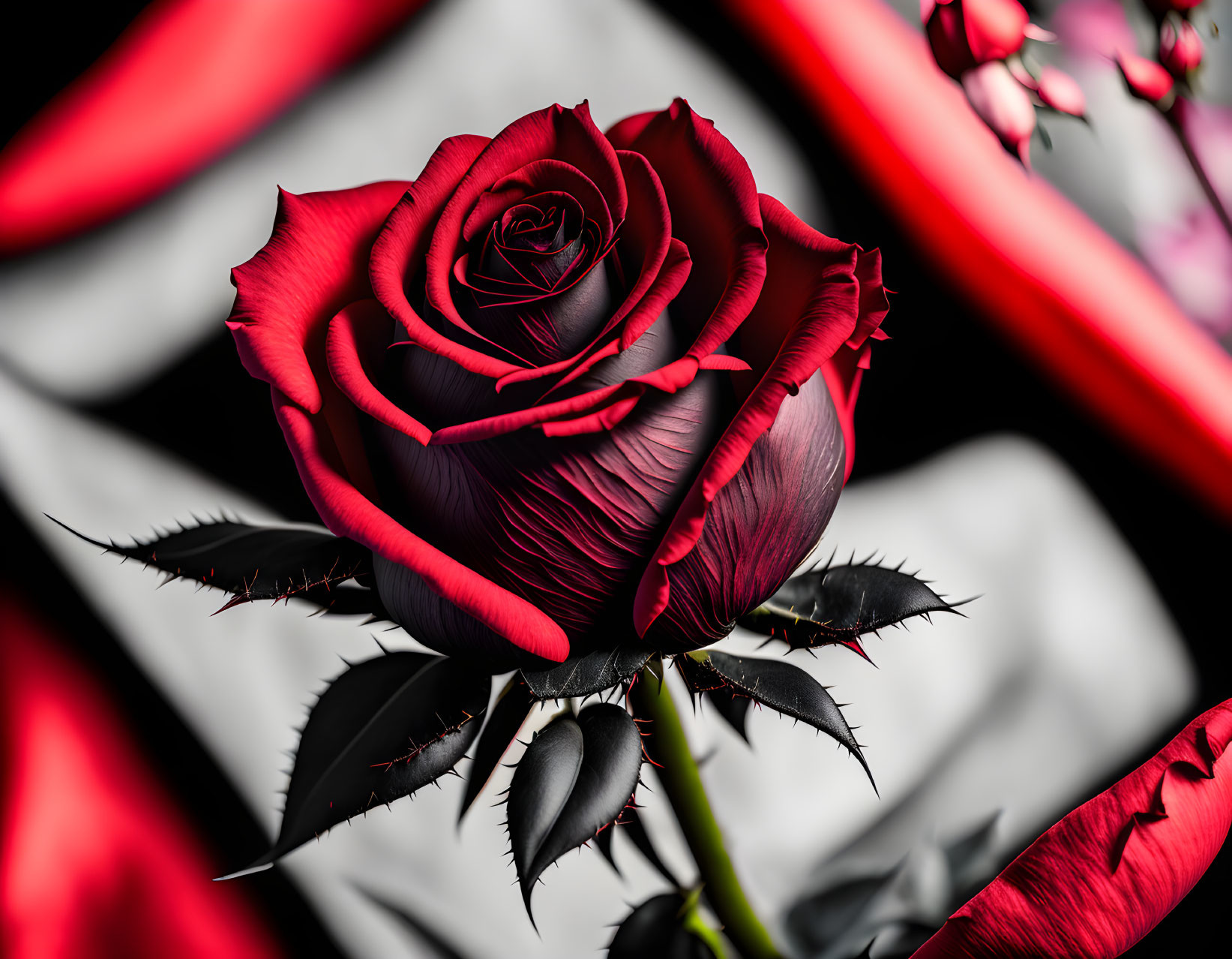 Detailed Red Rose on Striped Background