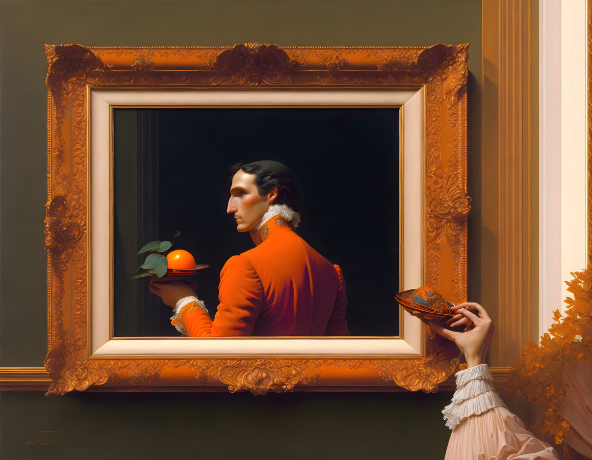 Person in red top holding parrot with hand offering lid in painting.