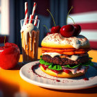 Digital Image: Juicy Double Cheeseburger with Cherries, Milkshake, and Candied Apple on