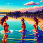 Three women in swimsuits at sunset lake with hats.