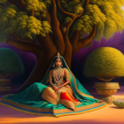 Traditional Indian Attire Woman Sitting Under Tree with Pink Roses and Golden Pot