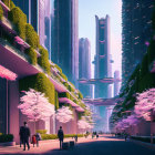 Futuristic cityscape with skyscrapers, greenery, cherry blossom trees, pedestrians, pink