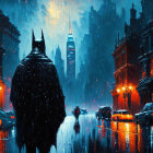 Batman cosplay in rain at night with city lights