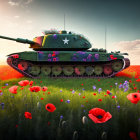 Colorful Flower-Adorned Tank in Field of Red Poppies