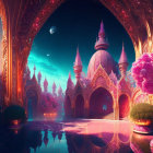 Fantasy scene: Ornate pink and gold architecture under crescent moon