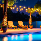 Nighttime backyard pool with string lights, lounge chairs, greenery, starlit sky
