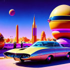 Vintage car in futuristic cityscape with planets in pink sky