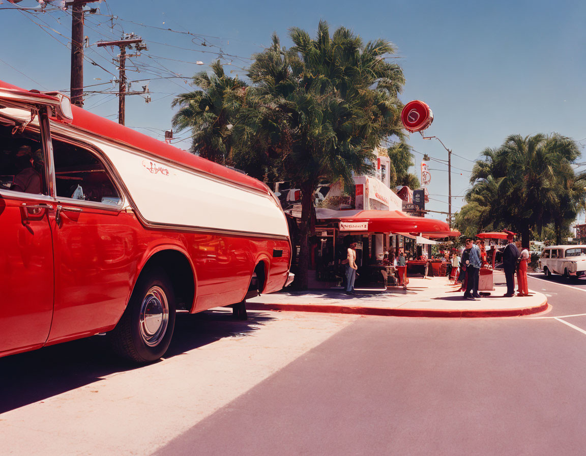 Vintage Red and White Station Wagon by Retro Diner on Sunny Street