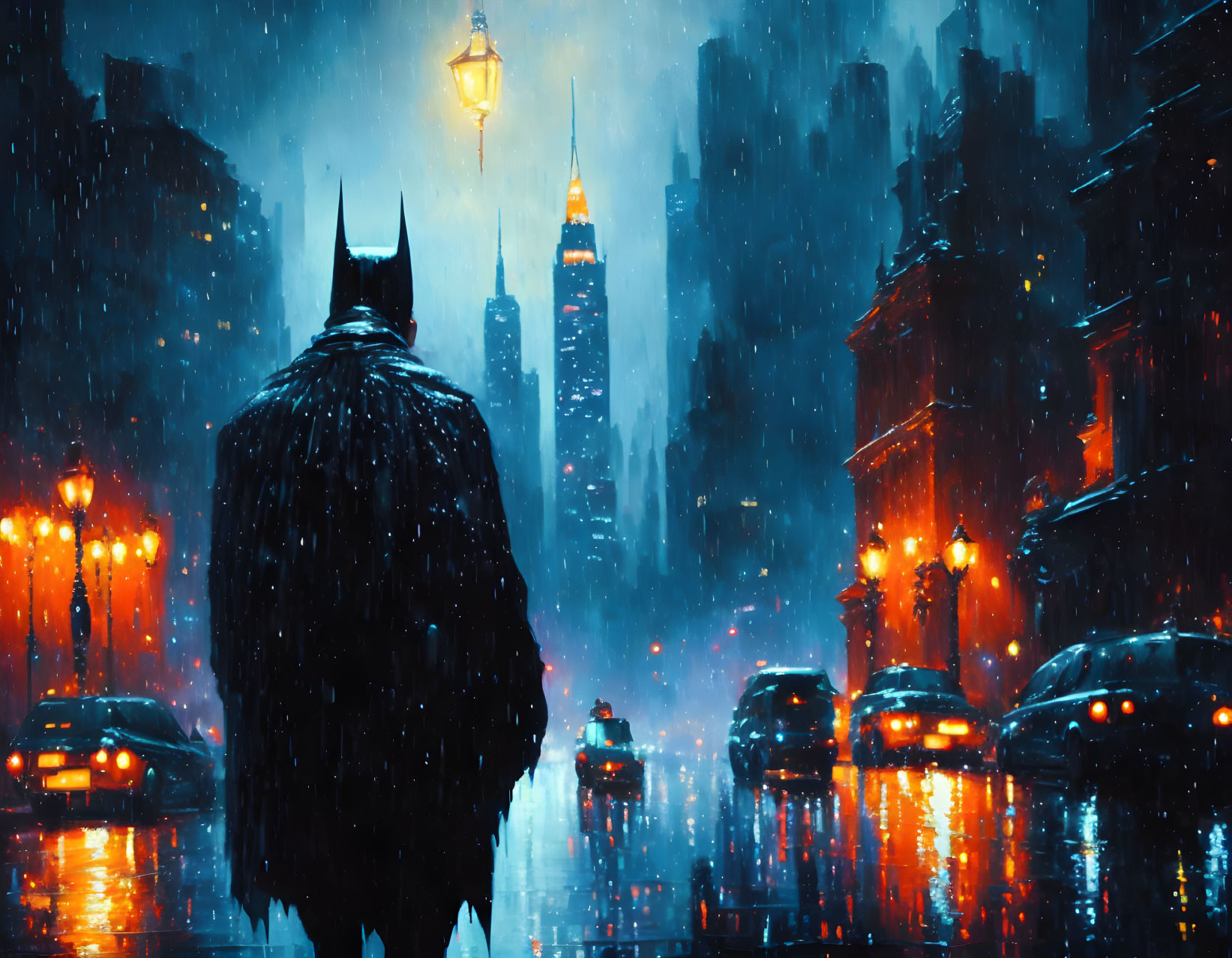 Batman cosplay in rain at night with city lights