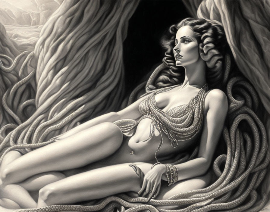 Monochrome illustration of woman reclining among serpentine forms