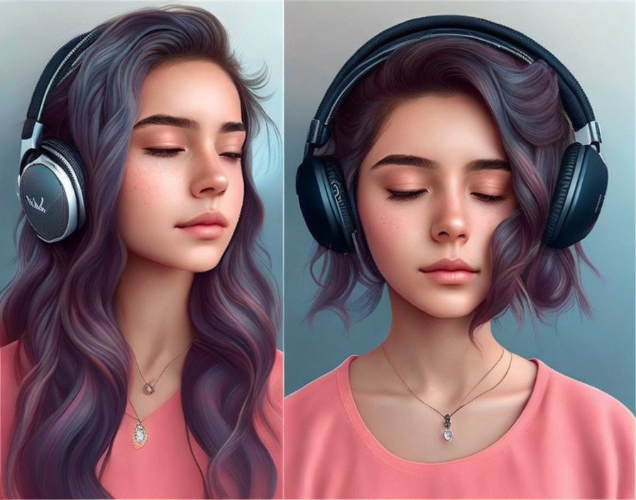 Digital illustration: Girl with lavender hair in black headphones, eyes closed.