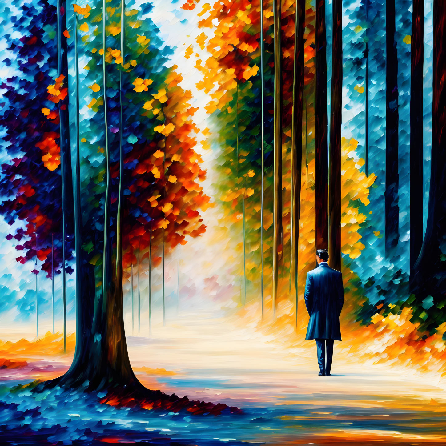 Colorful painting of person in coat walking through vibrant autumn forest