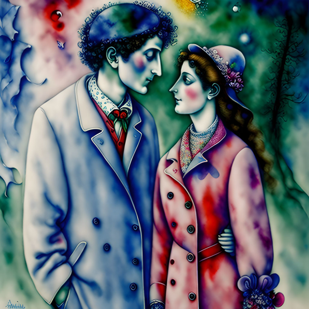 Colorful painting of two stylized figures with prominent noses and vibrant clothing, set against a greenish