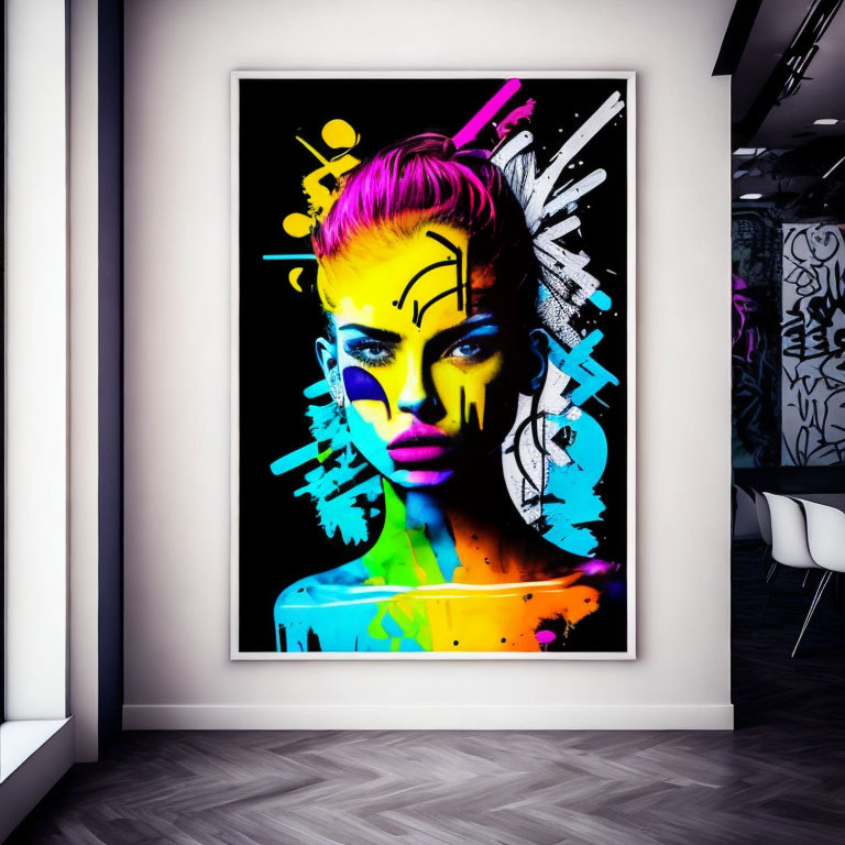 Colorful portrait of a woman with neon paint splashes and graffiti in a modern room