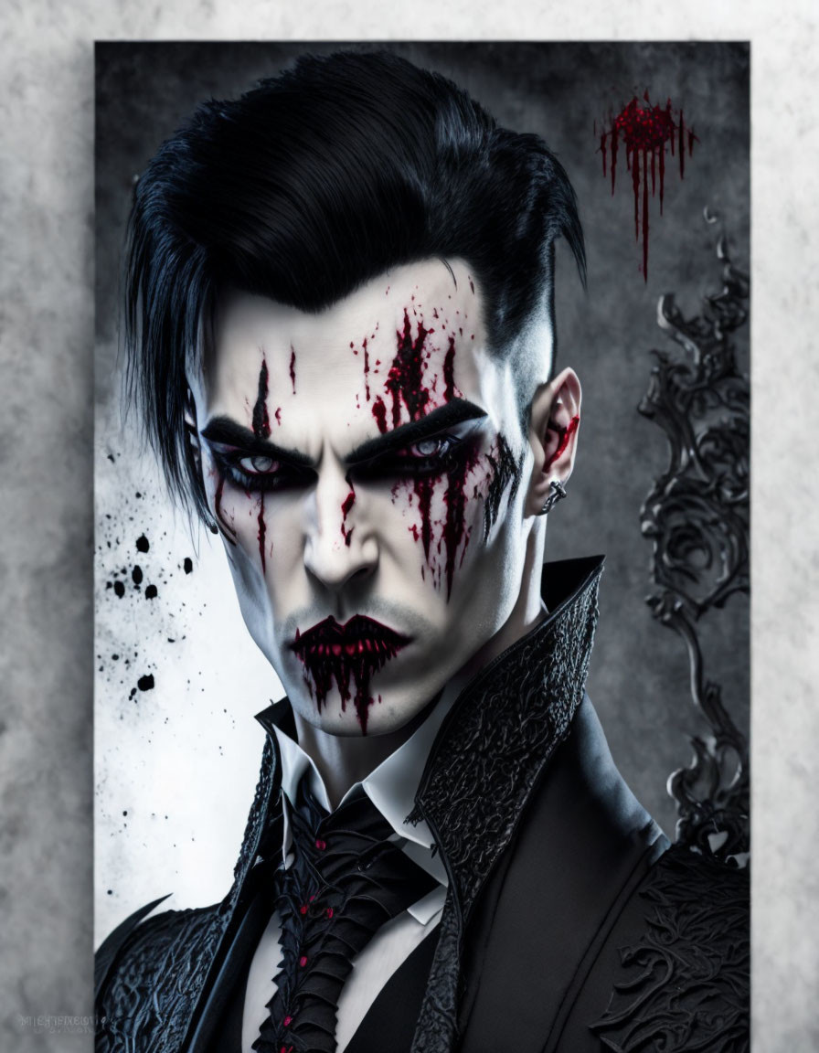 Pale-skinned vampire with slicked-back hair, sharp fangs, and piercing eyes in dark attire