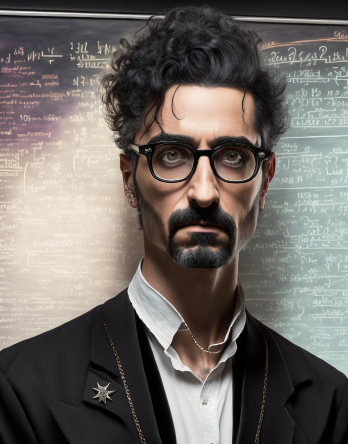 Man with Curly Hair, Glasses, and Suit in Front of Mathematical Equations