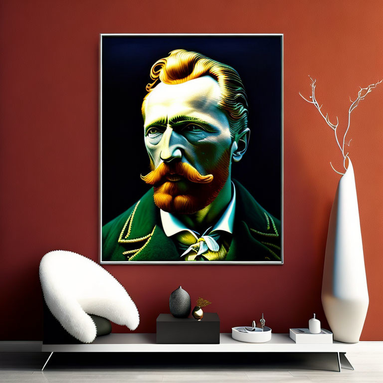 Portrait of man with mustache on red wall with modern decor.