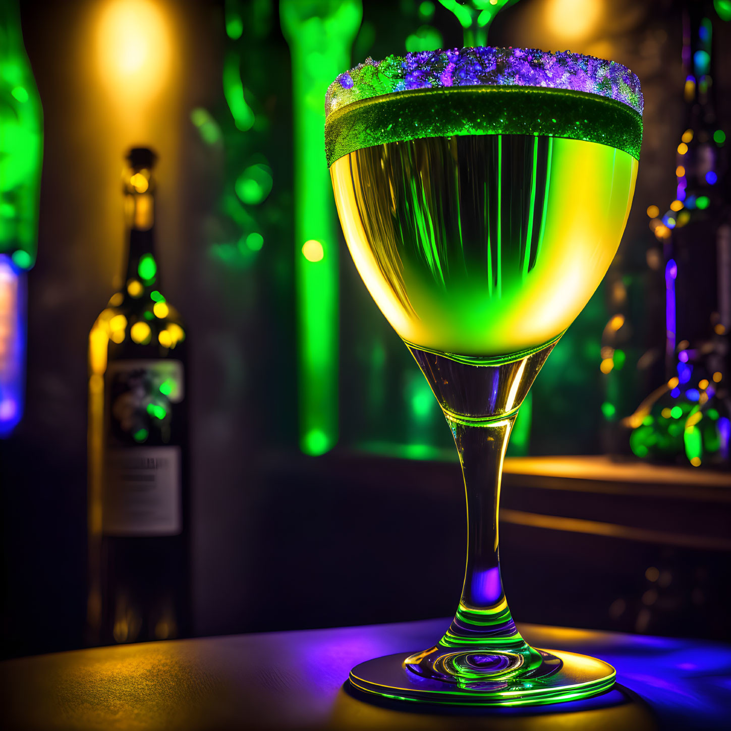 Colorful illuminated cocktail in stemmed glass with sugared rim