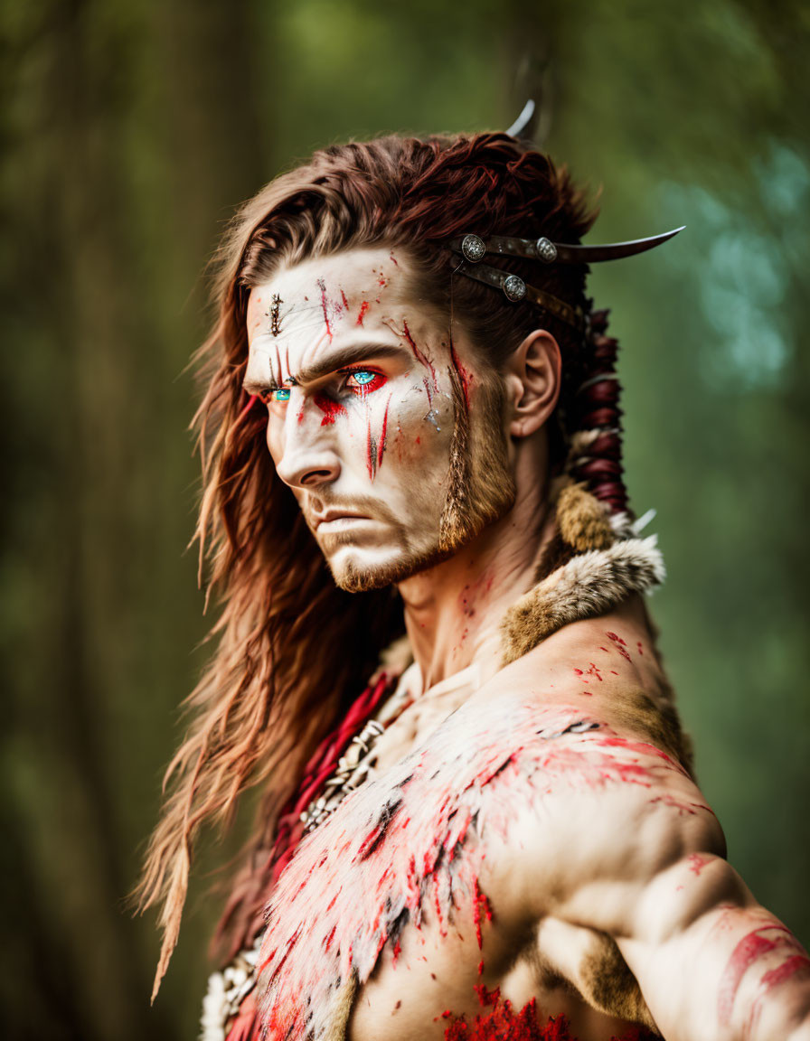 Warrior-like makeup and costume with red streaks, horns, and fur garment against natural backdrop