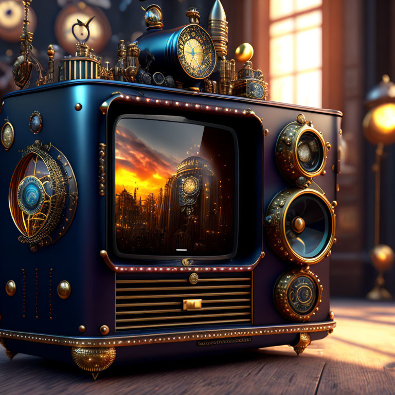 Vintage Steampunk-Style TV Showing Cityscape at Sunset in Warmly Lit Room