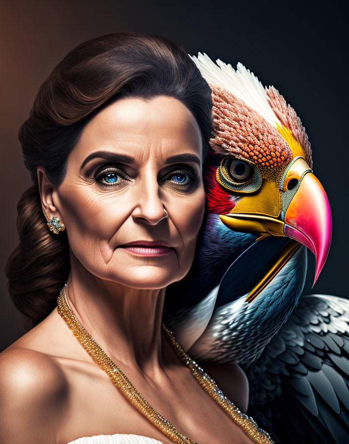 Woman's face and bird seamlessly blended in digital artwork