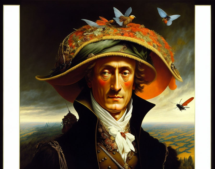 Man with Ornate Hat and Butterflies in Portrait against Painted Landscape