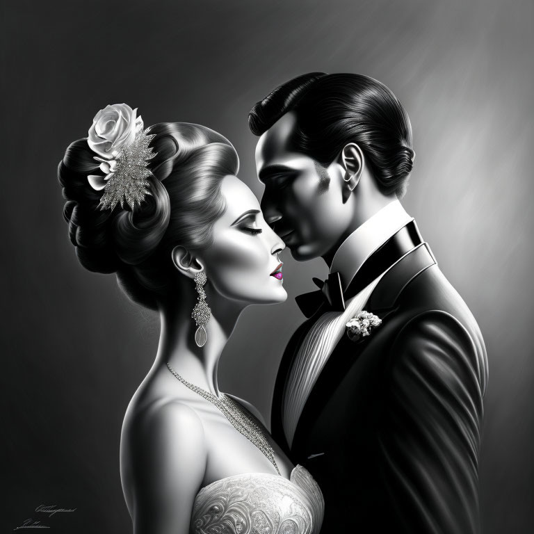 Monochromatic illustration: Elegant couple in formal attire with stylized hairstyles in romantic pose