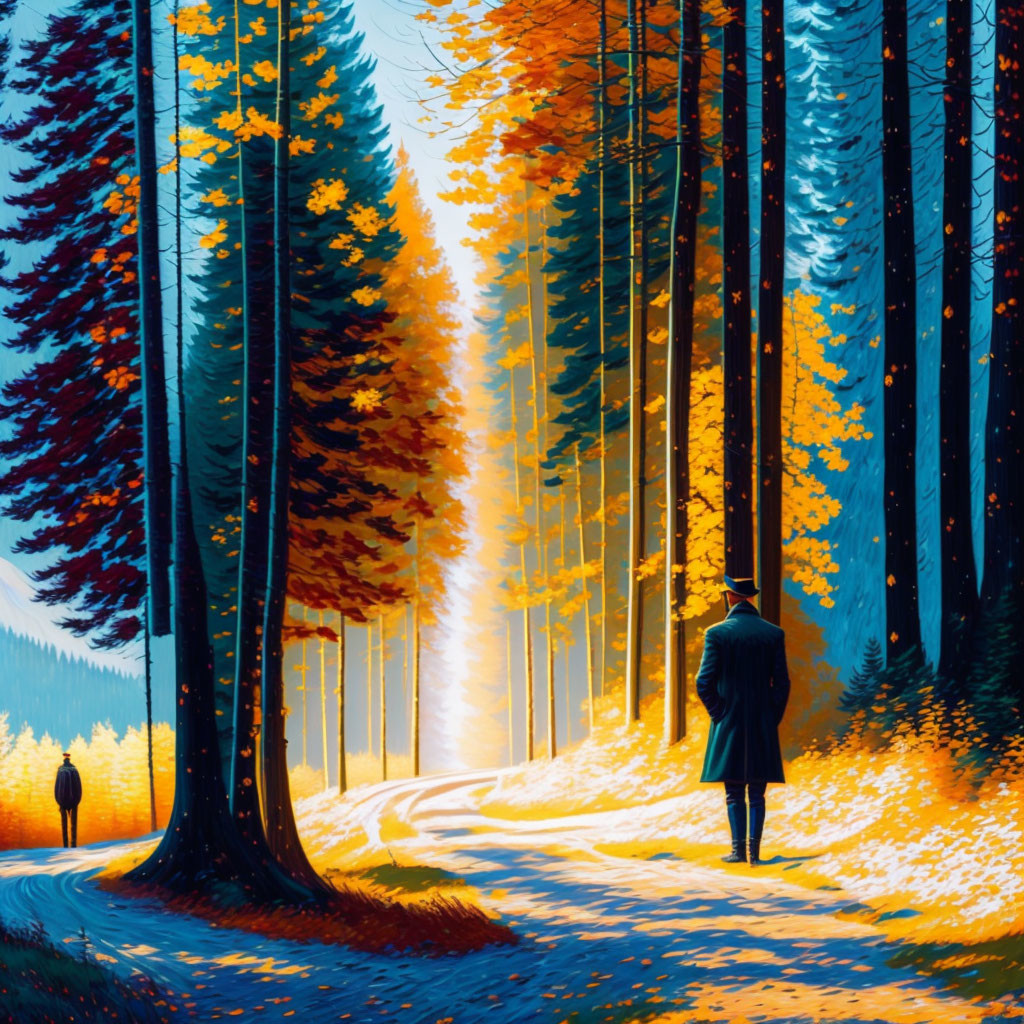 Colorful Autumn Forest Scene with Winding Path and Figure in Coat