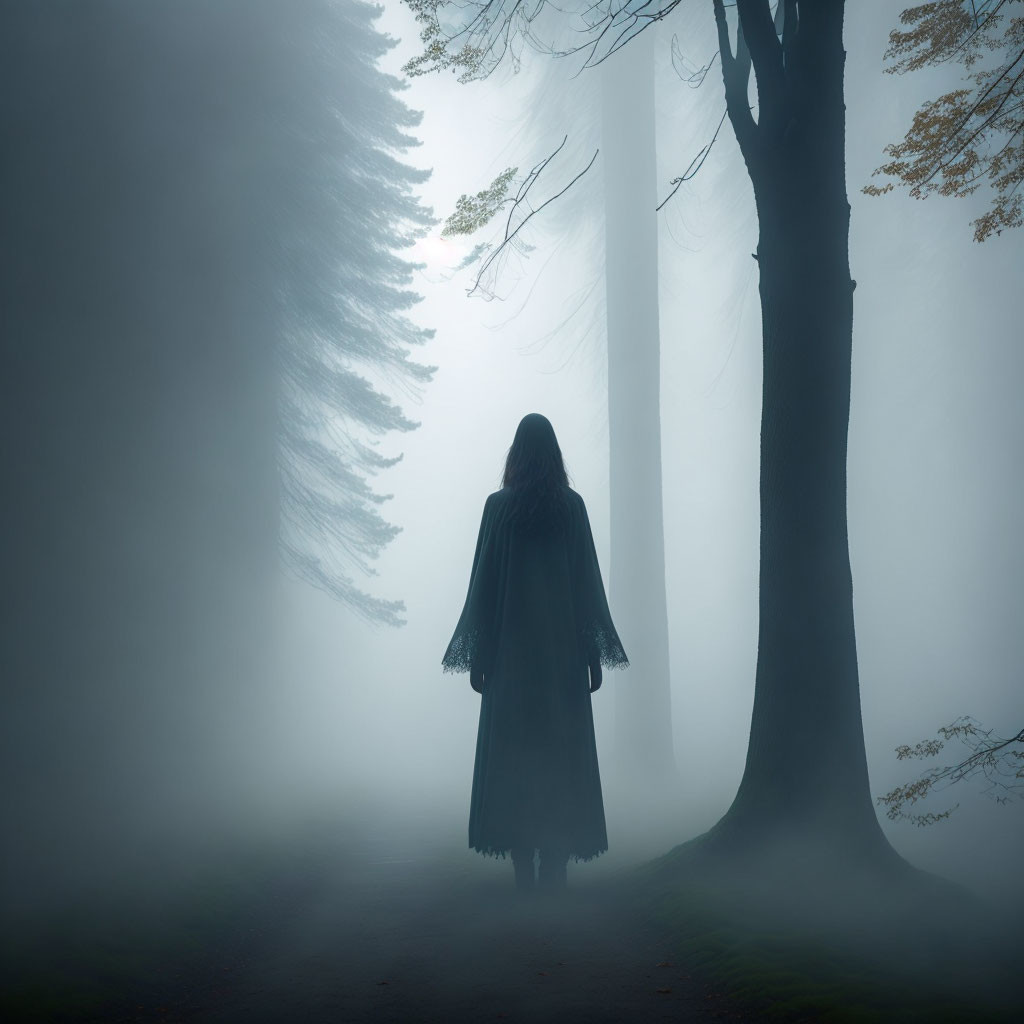 Mysterious figure on foggy forest path surrounded by towering trees