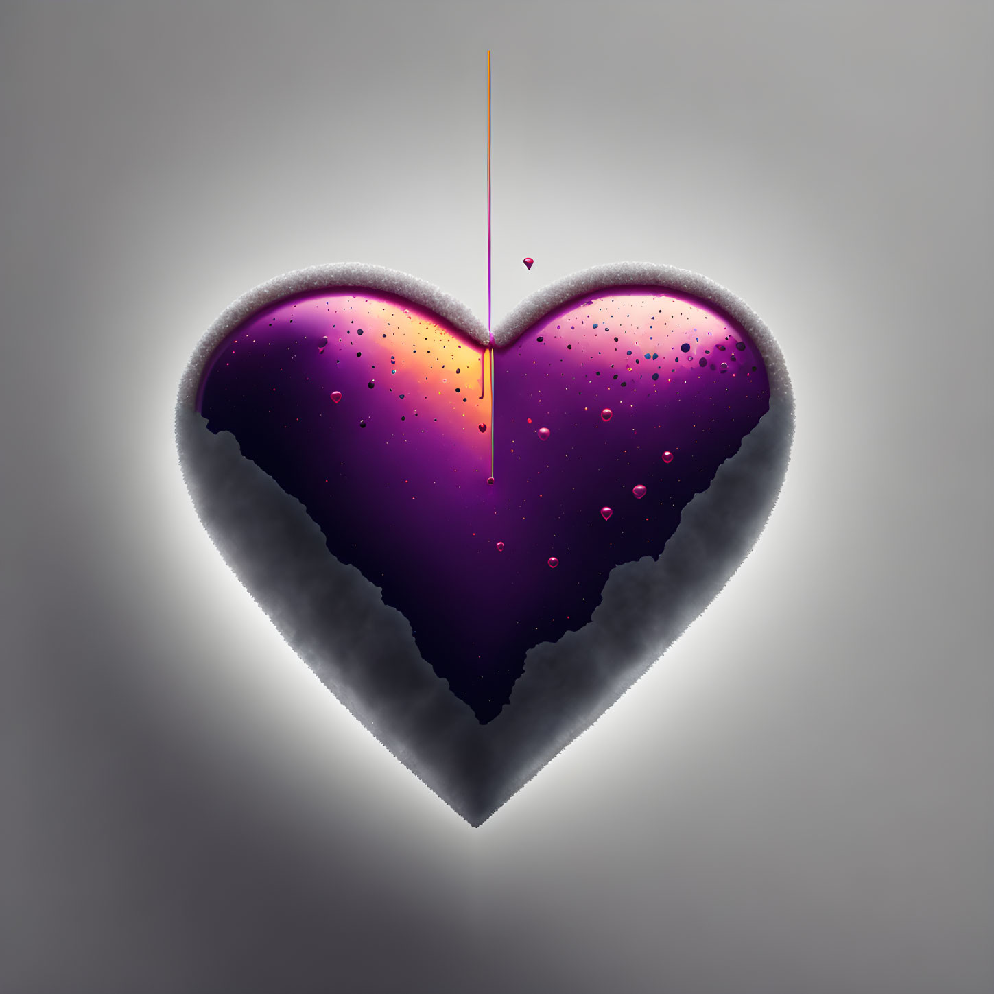 Heart-shaped 3D object with glowing crack and droplets on gray background