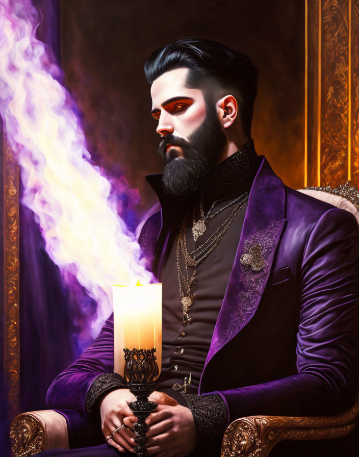 Bearded man in purple velvet suit holding candle with purple smoke background