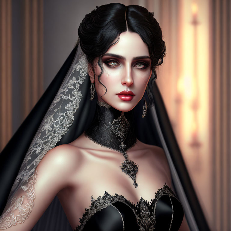 Digital Artwork: Pale-skinned Woman with Dark Hair and Green Eyes in Black Dress and Veil