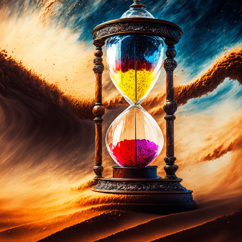 Colorful Sand Hourglass in Cosmic Background