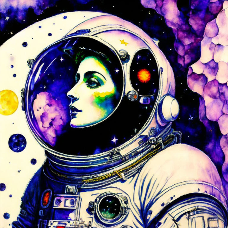 Vibrant astronaut art with cosmic-themed visage.