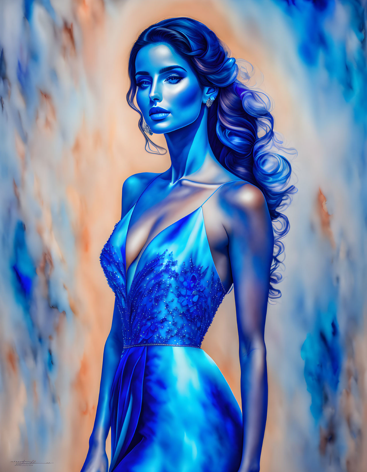 Blue-skinned woman in elegant dress against vibrant abstract background