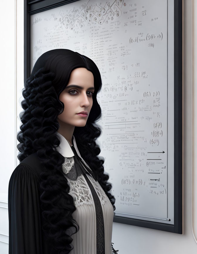 Dark-haired woman stands by whiteboard with mathematical equations in lace outfit