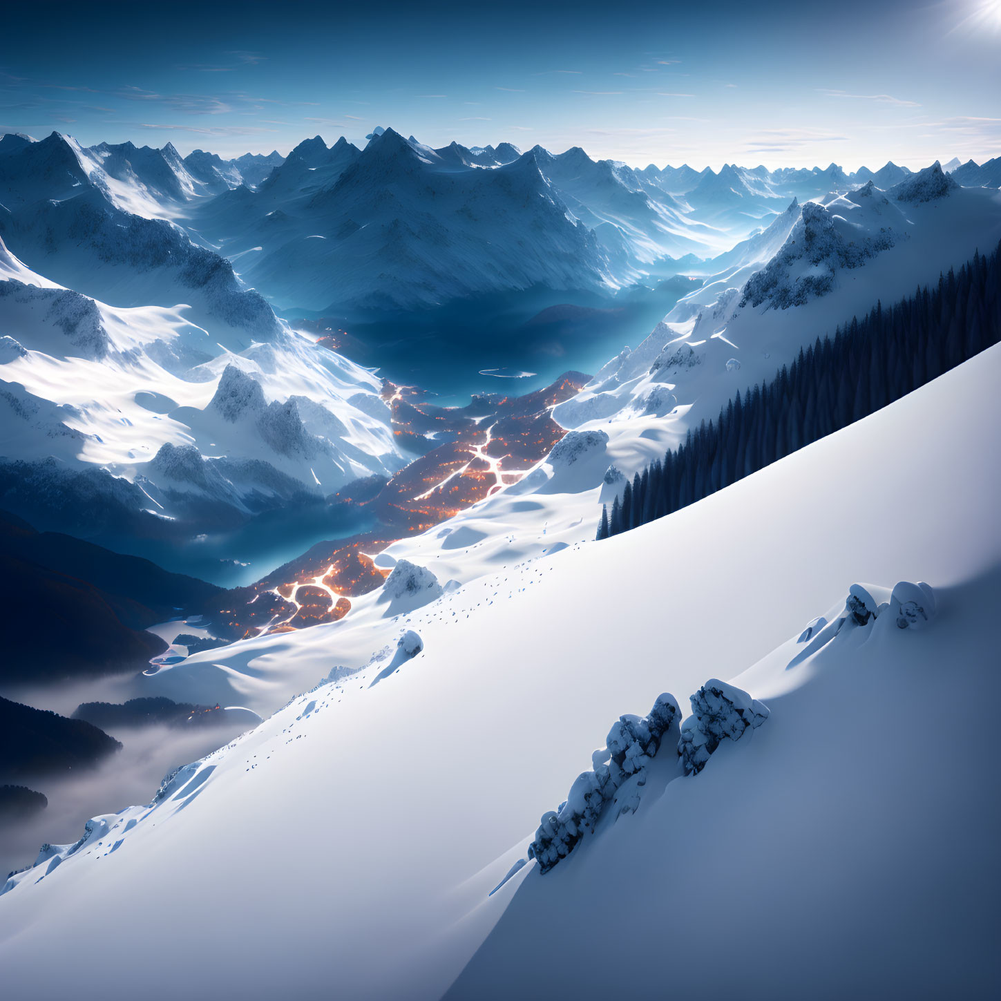 Snow-covered mountain landscape with illuminated river and blue-tinted peaks