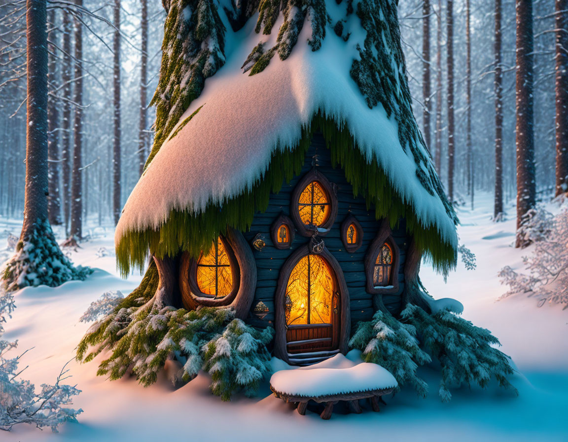 Snow-Covered Treehouse in Winter Forest