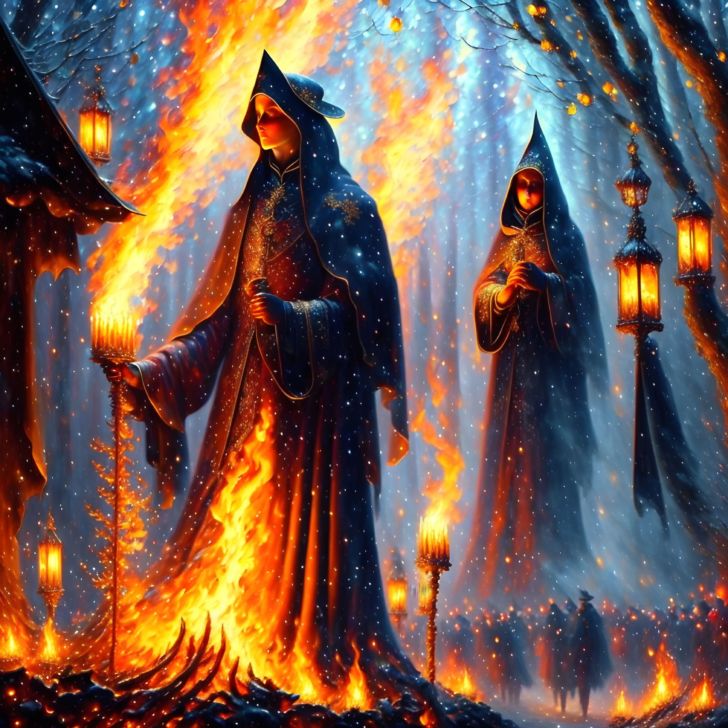 Cloaked figures with lanterns in fiery snow forest