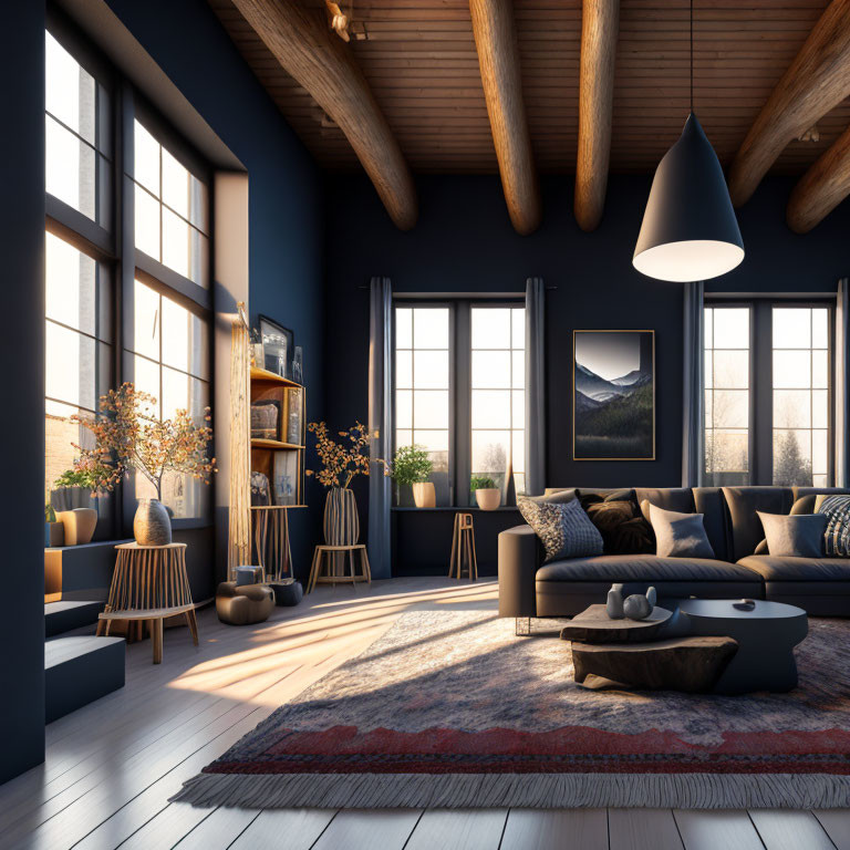 Modern living room with high ceiling, large windows, dark blue walls, stylish furniture