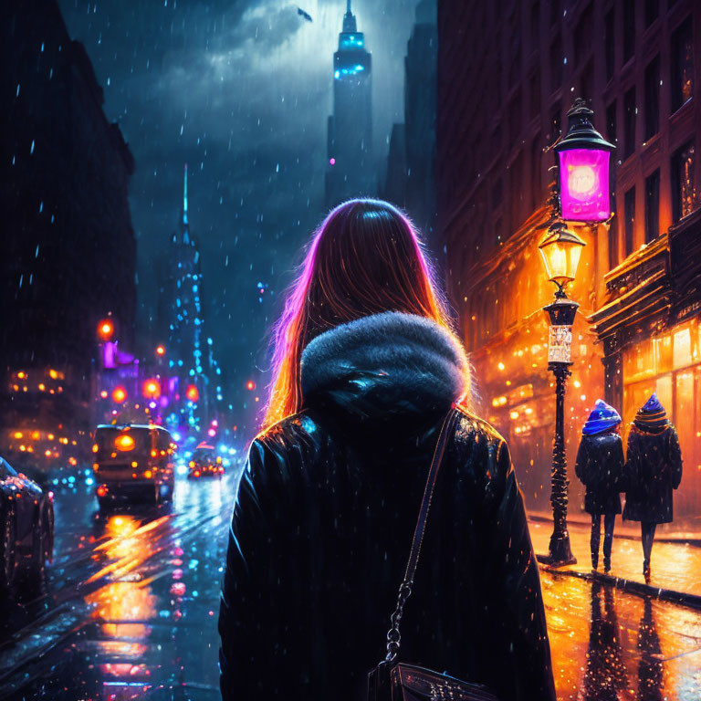 Urban night scene with person on wet street under neon lights