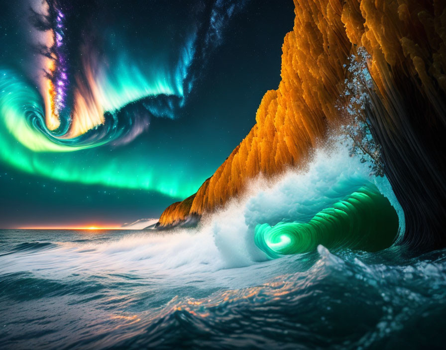 Surreal scene: Northern Lights, orange cliff, green wave