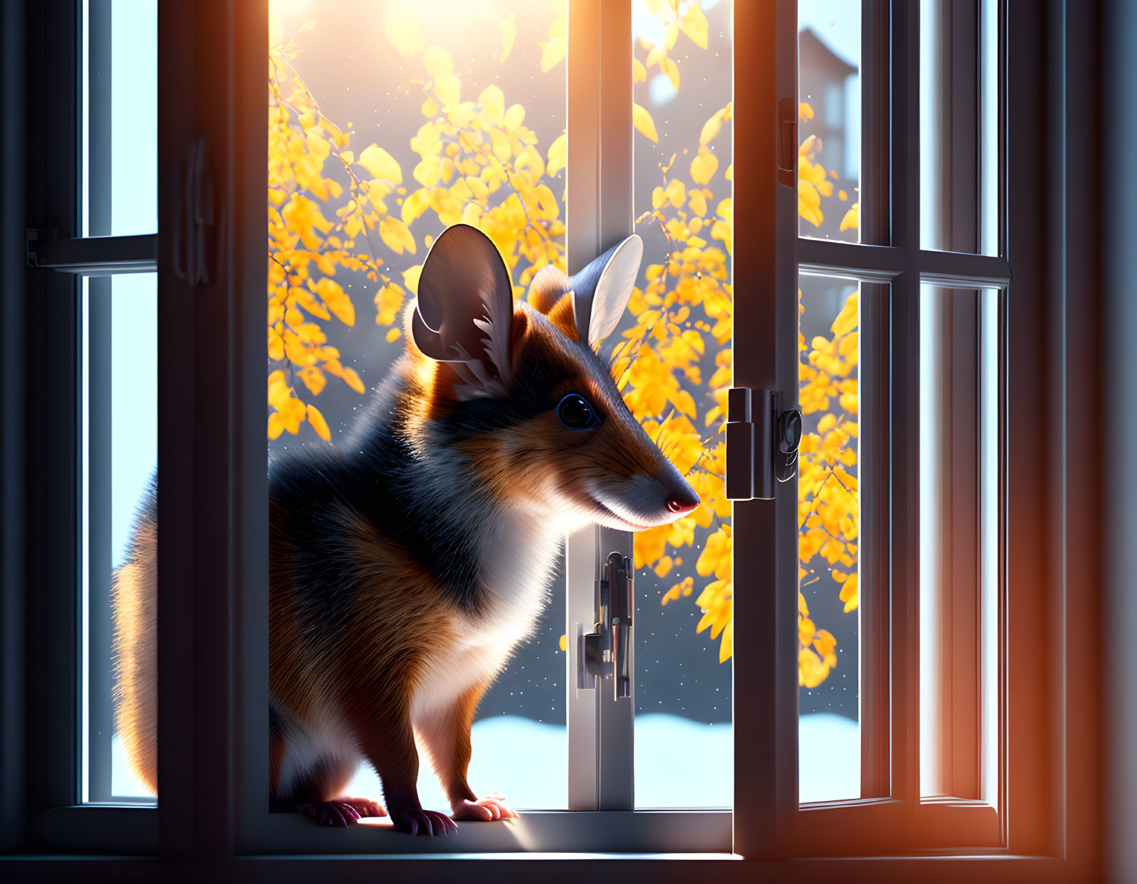 Anthropomorphic corgi illustration with mouse-like ears in glowing, flower-filled scene