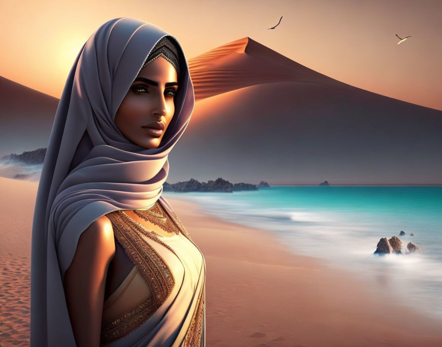 Digital Artwork: Woman in Headscarf, Desert to Seaside Sunset