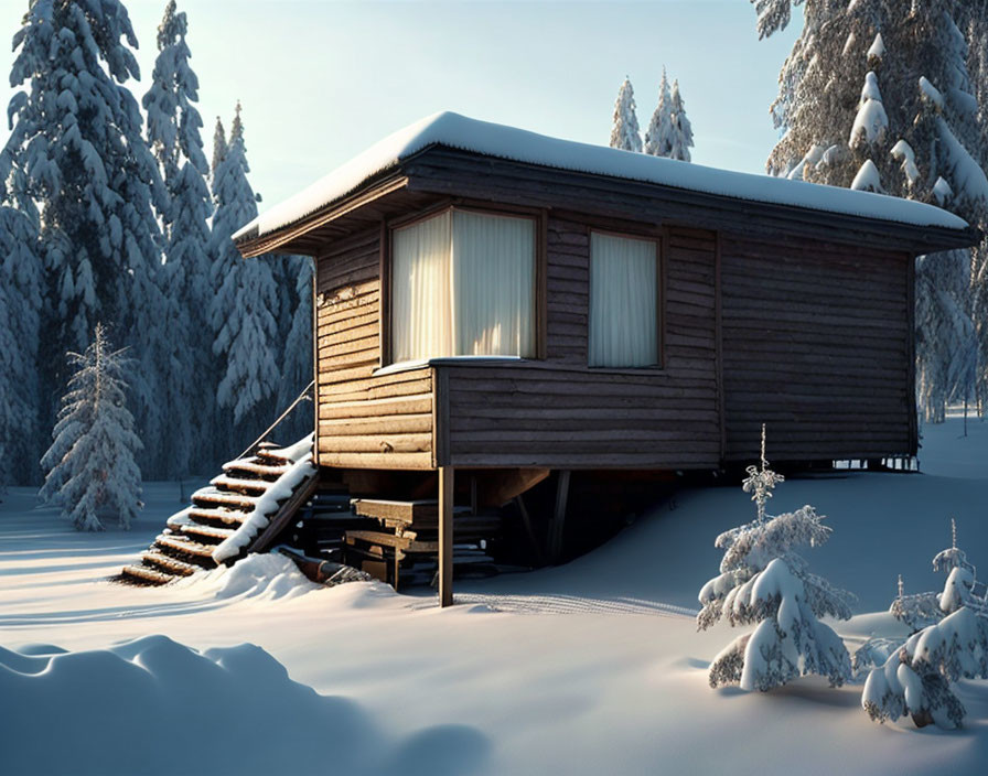 Snowy Wooden Cabin Surrounded by Trees in Clear Blue Sky