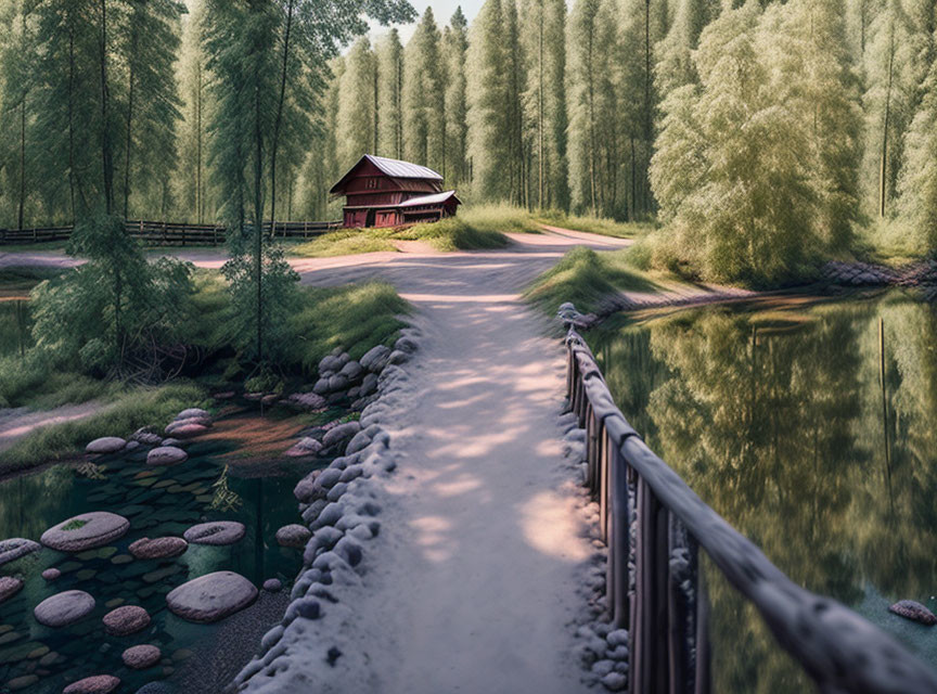 Tranquil landscape with stone path, red-roofed house, lush trees, and calm pond