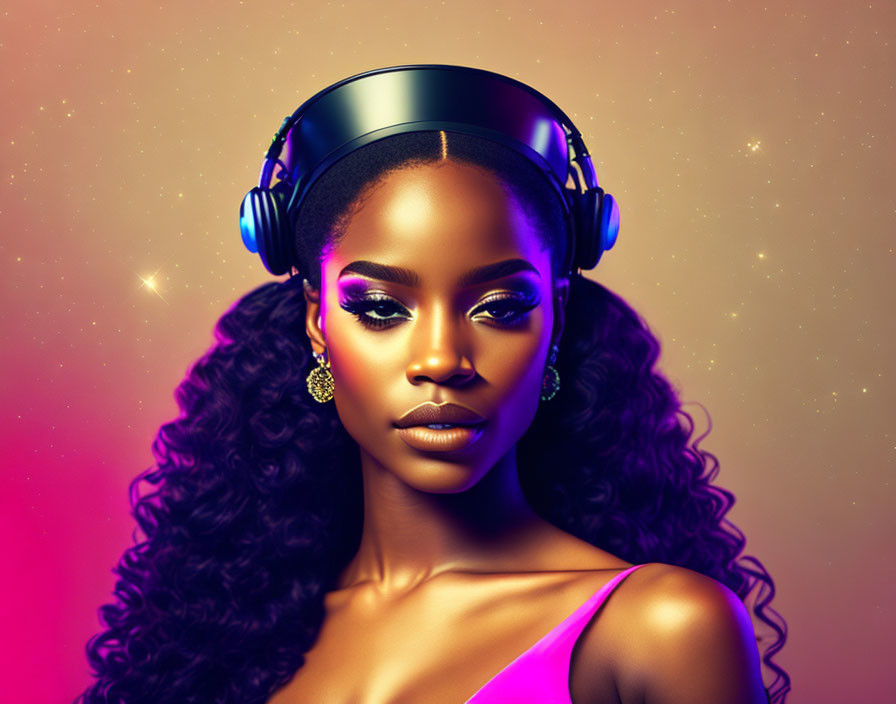 Bold Makeup Woman with Headphones on Sparkly Background