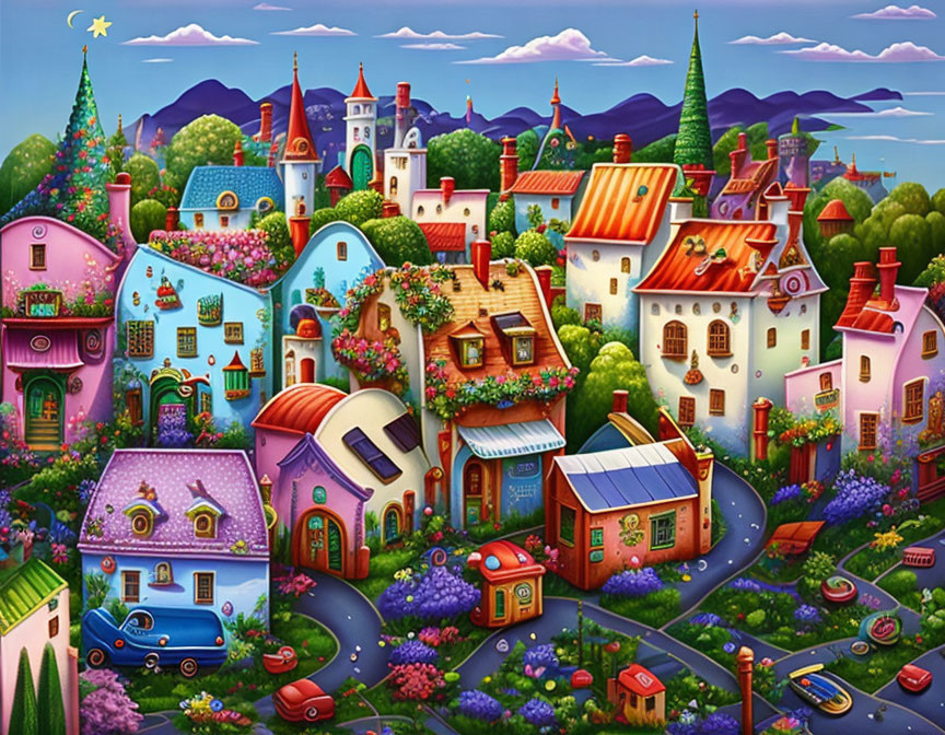 Vibrant village scene with colorful houses, winding roads, lush gardens, and mountain backdrop