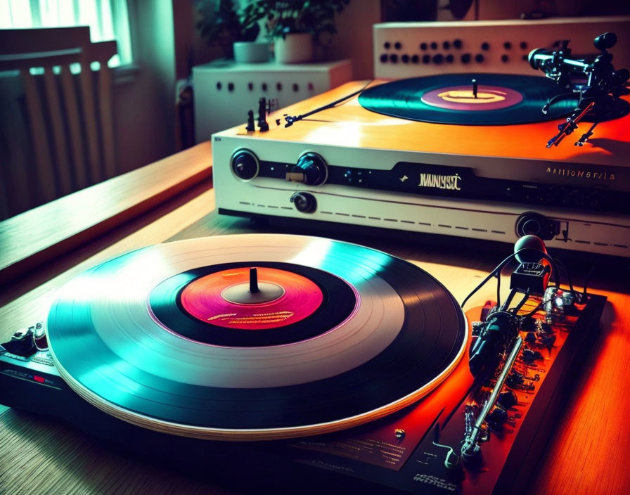 Colorful Turntable and Spinning Vinyl Record on Wooden Table in Warmly Lit Room