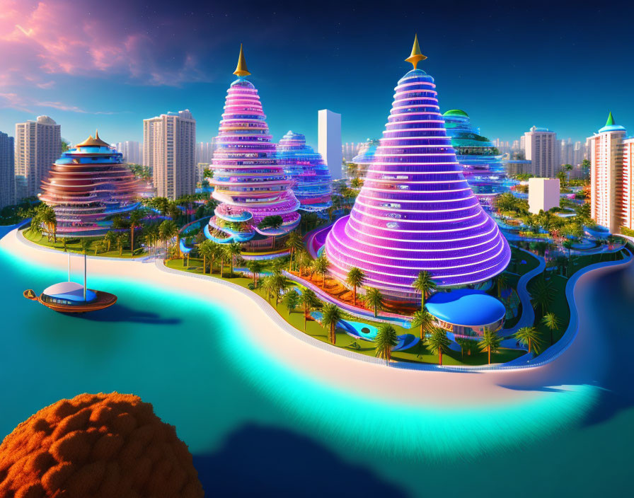 Neon-lit futuristic cityscape with spiral skyscrapers and turquoise river